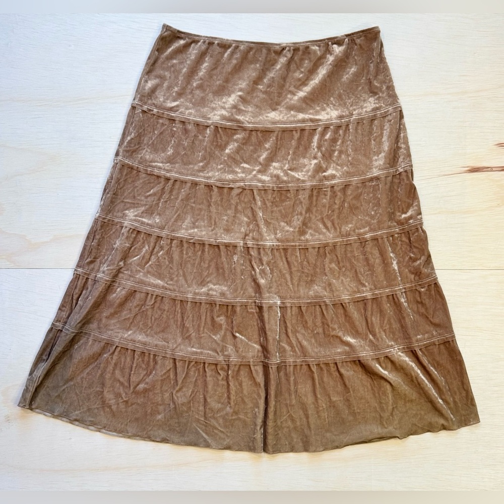 VTG Byer California Crushed Taupe gold brown Velvet Tiered Peasant Skirt size M
